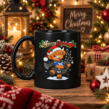 Scottish Buchan Ancient Tartan Mug Moo-rry Christmas Highland Cow Bagpiper
