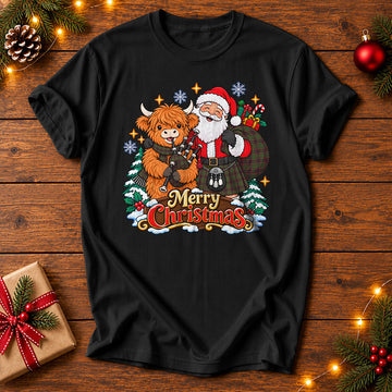 Scottish Buchan Modern Clan Badge Tartan Tee Highland Cow & Santa Playing Bagpipes Merry Christmas