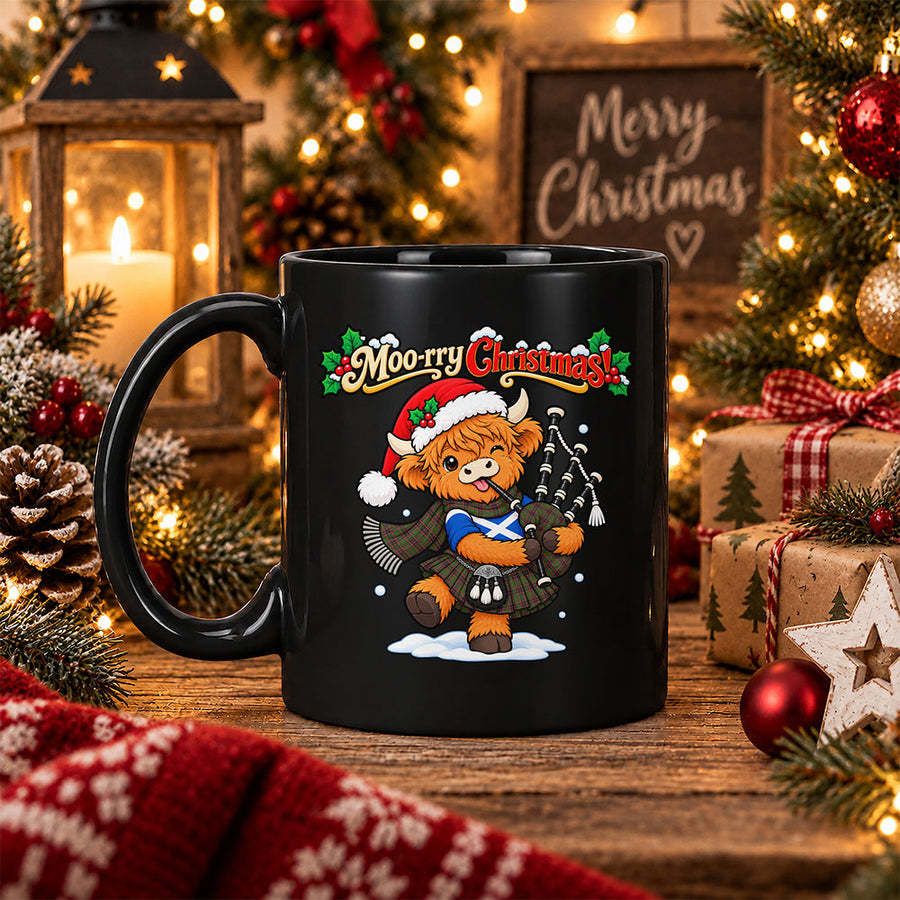 Scottish Buchan Modern Tartan Mug Moo-rry Christmas Highland Cow Bagpiper