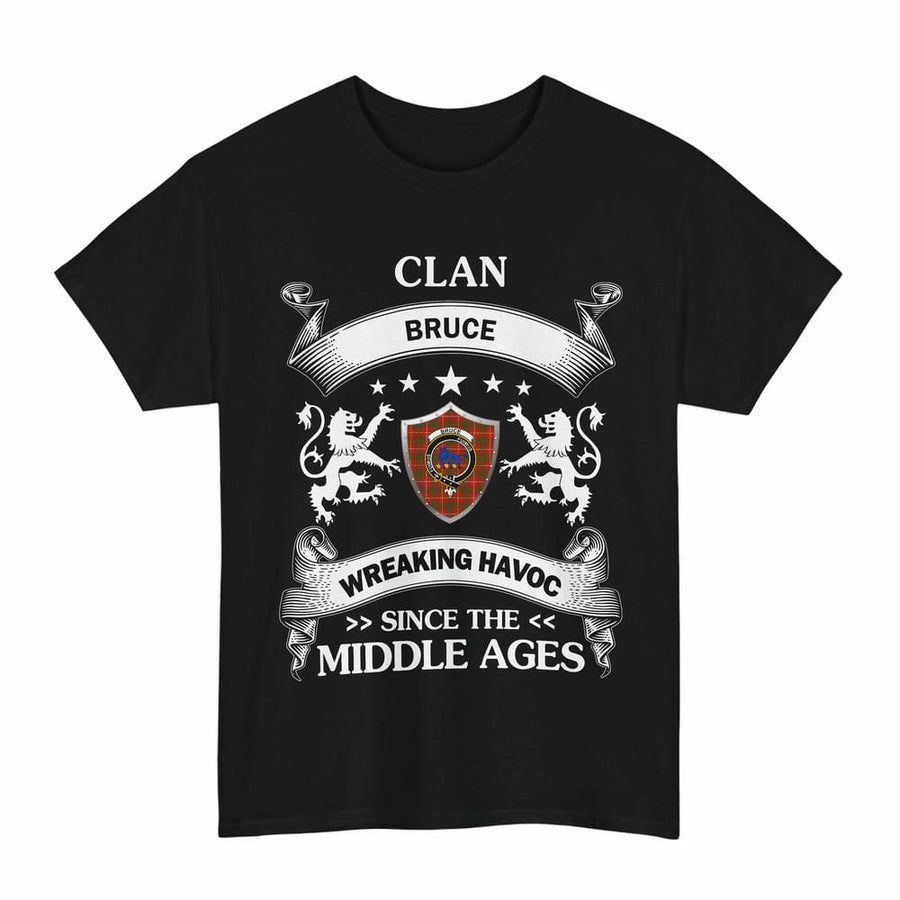 Scottish Bruce Clan Crest Tartan Unisex T-Shirt Wreaking Havoc Design Tartan Plaid Black Color