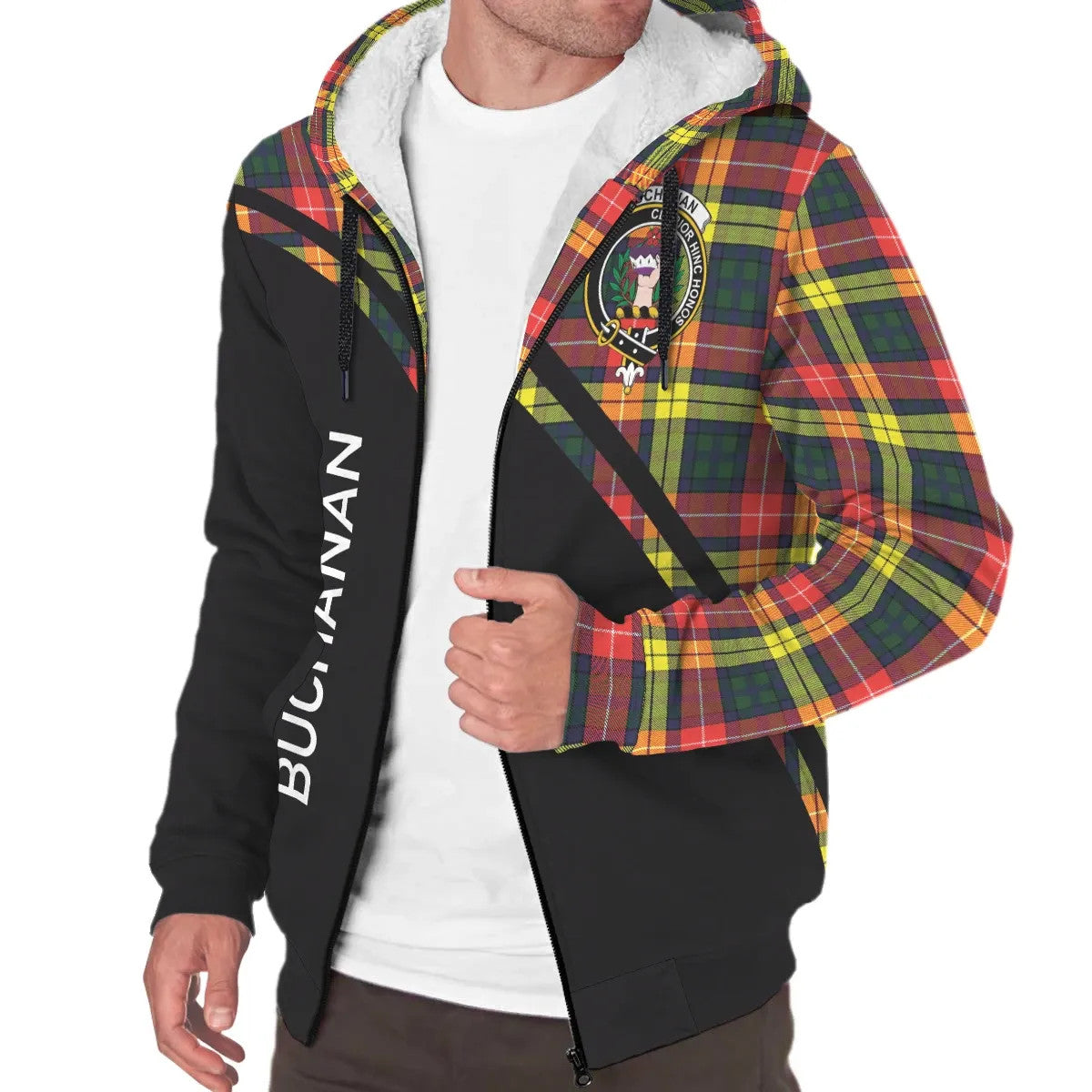 Buchanan Modern Tartan Hoodie - Lion Rampant And Celtic Thistle Style