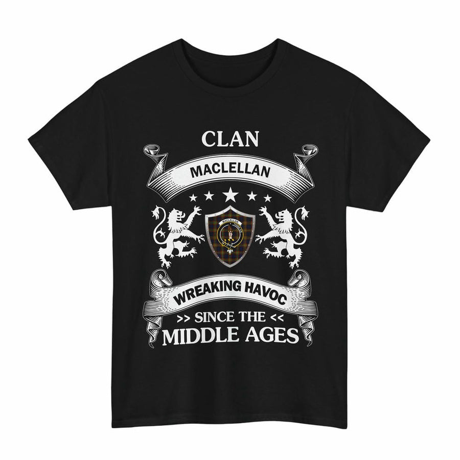 Scottish MacLellan Clan Crest Tartan Unisex T-Shirt Wreaking Havoc Design Tartan Plaid Black Color
