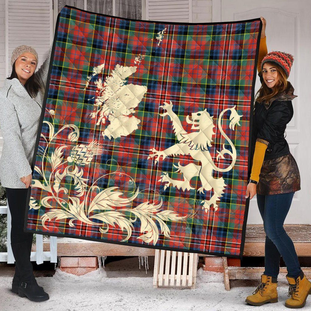 MacRae Ancient Tartan Crest Premium Quilt - Gold Thistle Style