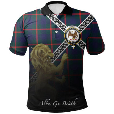 Scottish Agnew Modern Clan Crest Tartan Polo Shirt - Celtic with Scotland Lion Front Side Tartan Plaid