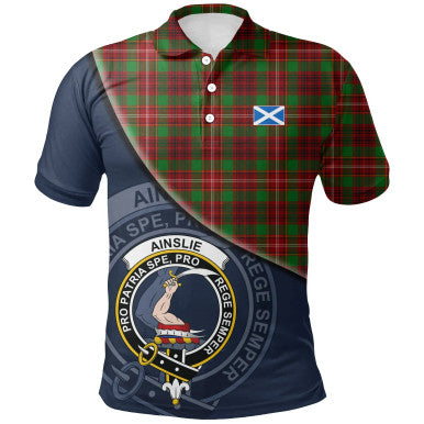 Scottish Ainslie Clan Crest Tartan Polo Shirt - Bend Style Front Side Tartan Plaid