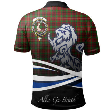 Scottish Ainslie Clan Crest Tartan Polo Shirt - Scotland Lion Back Side Tartan Plaid