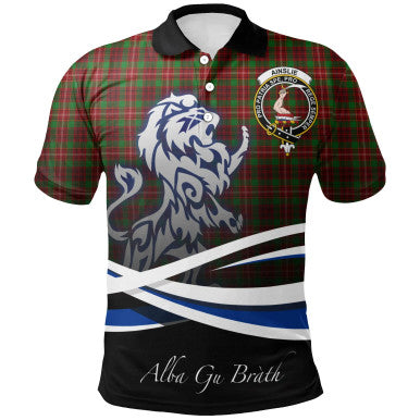 Scottish Ainslie Clan Crest Tartan Polo Shirt - Scotland Lion Front Side Tartan Plaid