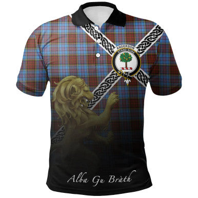 Scottish Anderson Modern Clan Crest Tartan Polo Shirt - Celtic with Scotland Lion Front Side Tartan Plaid