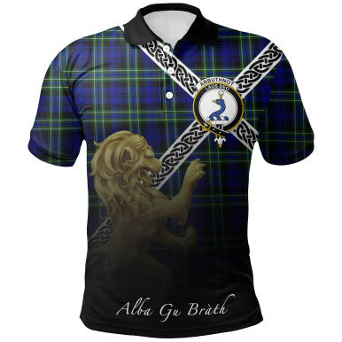 Scottish Arbuthnot Modern Clan Crest Tartan Polo Shirt - Celtic with Scotland Lion Front Side Tartan Plaid