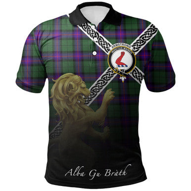 Scottish Armstrong Modern Clan Crest Tartan Polo Shirt - Celtic with Scotland Lion Front Side Tartan Plaid