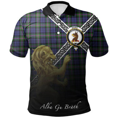 Scottish Baird Modern Clan Crest Tartan Polo Shirt - Celtic with Scotland Lion Front Side Tartan Plaid