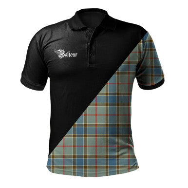 Scottish Balfour Blue Clan Crest Tartan Polo Shirt - Military Logo Front Side Tartan Plaid