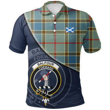 Scottish Balfour Blue Clan Crest Tartan Polo Shirt - Bend Style Front Side Tartan Plaid