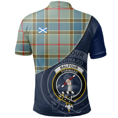 Scottish Balfour Blue Clan Crest Tartan Polo Shirt - Bend Style Back Side Tartan Plaid