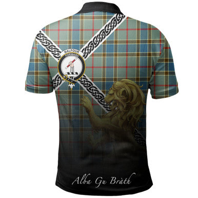 Scottish Balfour Blue Clan Crest Tartan Polo Shirt - Celtic with Scotland Lion Back Side Tartan Plaid