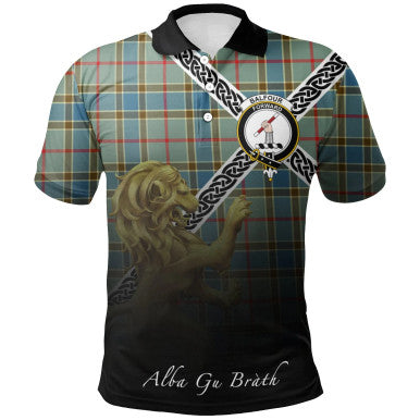Scottish Balfour Blue Clan Crest Tartan Polo Shirt - Celtic with Scotland Lion Front Side Tartan Plaid