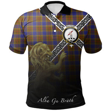 Scottish Balfour Modern Clan Crest Tartan Polo Shirt - Celtic with Scotland Lion Front Side Tartan Plaid