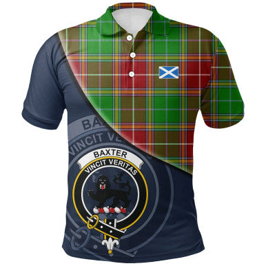 Scottish Baxter Modern Clan Crest Tartan Polo Shirt - Bend Style Front Side Tartan Plaid