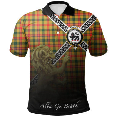 Scottish Baxter Clan Crest Tartan Polo Shirt - Celtic with Scotland Lion Front Side Tartan Plaid