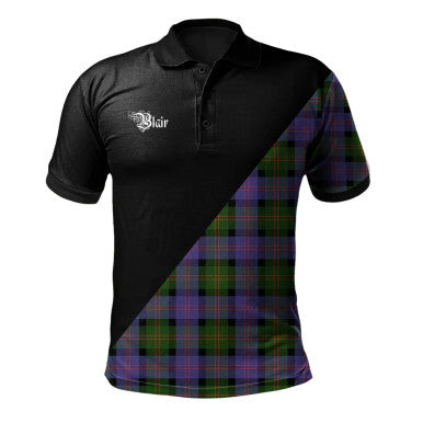 Scottish Blair Modern Clan Crest Tartan Polo Shirt - Military Logo Front Side Tartan Plaid