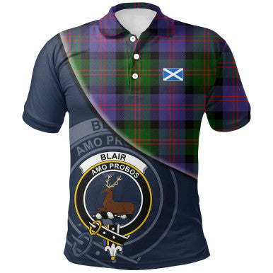 Scottish Blair Modern Clan Crest Tartan Polo Shirt - Bend Style Front Side Tartan Plaid