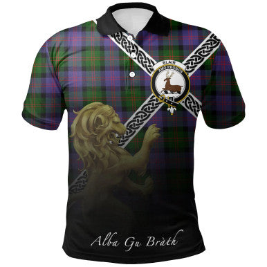 Scottish Blair Modern Clan Crest Tartan Polo Shirt - Celtic with Scotland Lion Front Side Tartan Plaid
