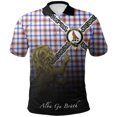Scottish Boswell Modern Clan Crest Tartan Polo Shirt - Celtic with Scotland Lion Front Side Tartan Plaid