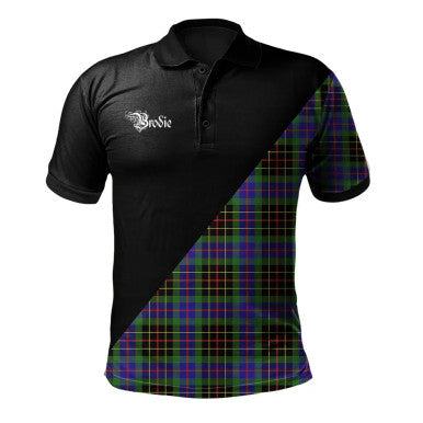 Scottish Brodie Hunting Modern Clan Crest Tartan Polo Shirt - Military Logo Front Side Tartan Plaid