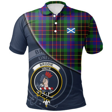 Scottish Brodie Hunting Modern Clan Crest Tartan Polo Shirt - Bend Style Front Side Tartan Plaid