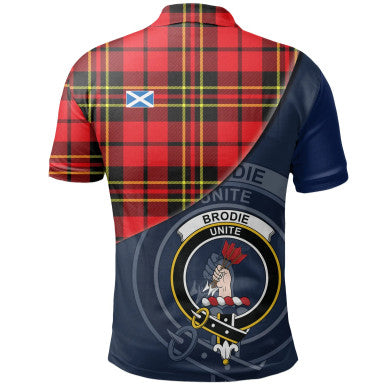 Scottish Brodie Modern Clan Crest Tartan Polo Shirt - Bend Style Back Side Tartan Plaid