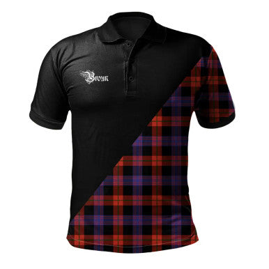 Scottish Broun Modern Clan Crest Tartan Polo Shirt - Military Logo Front Side Tartan Plaid