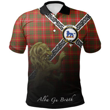 Scottish Bruce Modern Clan Crest Tartan Polo Shirt - Celtic with Scotland Lion Front Side Tartan Plaid