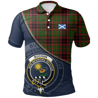 Scottish Buchan Modern Clan Crest Tartan Polo Shirt - Bend Style Front Side Tartan Plaid