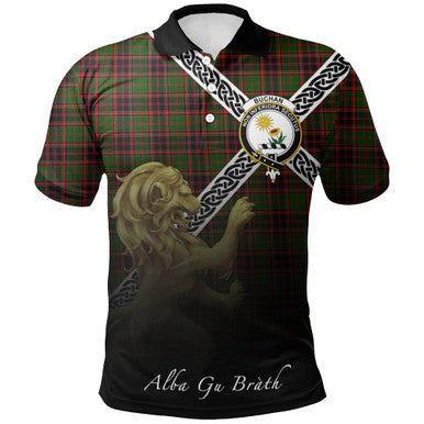 Scottish Buchan Modern Clan Crest Tartan Polo Shirt - Celtic with Scotland Lion Front Side Tartan Plaid