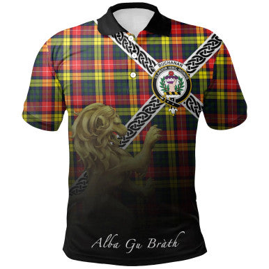 Scottish Buchanan Modern Clan Crest Tartan Polo Shirt - Celtic with Scotland Lion Front Side Tartan Plaid
