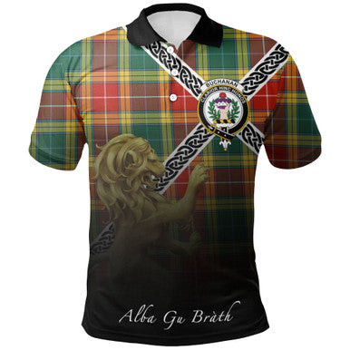 Scottish Buchanan Old Sett Clan Crest Tartan Polo Shirt - Celtic with Scotland Lion Front Side Tartan Plaid