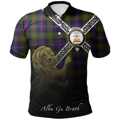 Scottish Cameron of Erracht Modern Clan Crest Tartan Polo Shirt - Celtic with Scotland Lion Front Side Tartan Plaid