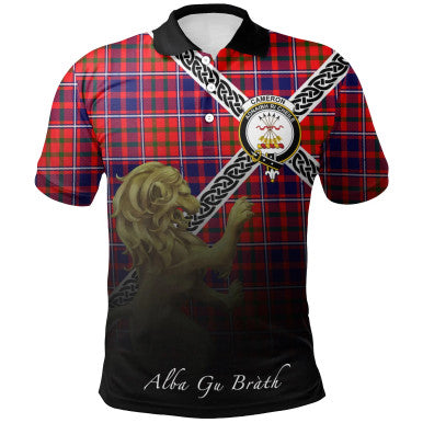 Scottish Cameron of Lochiel Modern Clan Crest Tartan Polo Shirt - Celtic with Scotland Lion Front Side Tartan Plaid