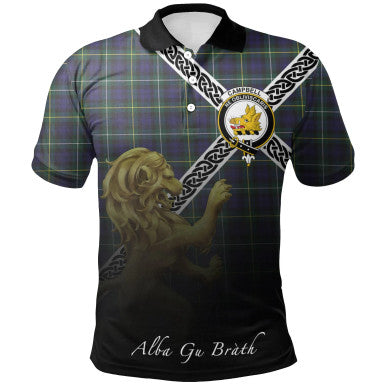 Scottish Campbell Argyll Modern Clan Crest Tartan Polo Shirt - Celtic with Scotland Lion Front Side Tartan Plaid
