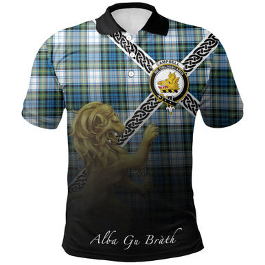 Scottish Campbell Dress Clan Crest Tartan Polo Shirt - Celtic with Scotland Lion Front Side Tartan Plaid