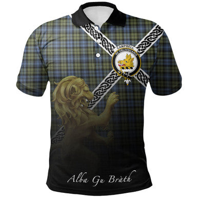 Scottish Campbell Faded Clan Crest Tartan Polo Shirt - Celtic with Scotland Lion Front Side Tartan Plaid