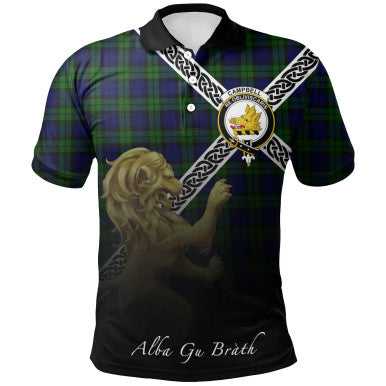 Scottish Campbell Modern Clan Crest Tartan Polo Shirt - Celtic with Scotland Lion Front Side Tartan Plaid