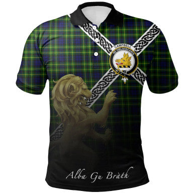Scottish Campbell of Breadalbane Modern Clan Crest Tartan Polo Shirt - Celtic with Scotland Lion Front Side Tartan Plaid