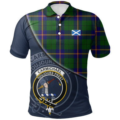 Scottish Carmichael Modern Clan Crest Tartan Polo Shirt - Bend Style Front Side Tartan Plaid