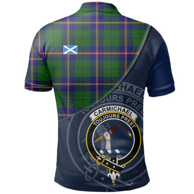 Scottish Carmichael Modern Clan Crest Tartan Polo Shirt - Bend Style Back Side Tartan Plaid