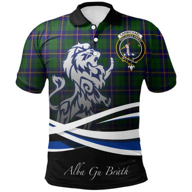 Scottish Carmichael Modern Clan Crest Tartan Polo Shirt - Scotland Lion Front Side Tartan Plaid