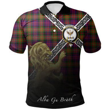 Scottish Carnegie Modern Clan Crest Tartan Polo Shirt - Celtic with Scotland Lion Front Side Tartan Plaid