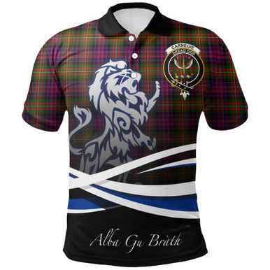 Scottish Carnegie Modern Clan Crest Tartan Polo Shirt - Scotland Lion Front Side Tartan Plaid