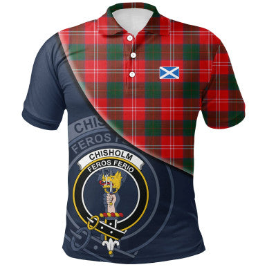 Scottish Chisholm Modern Clan Crest Tartan Polo Shirt - Bend Style Front Side Tartan Plaid