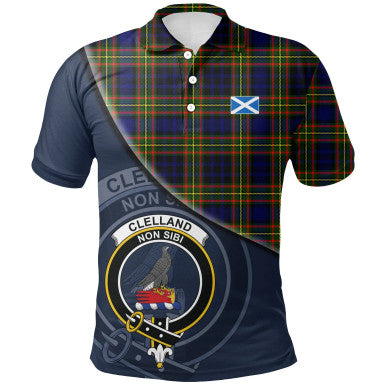 Scottish Clelland Modern Clan Crest Tartan Polo Shirt - Bend Style Front Side Tartan Plaid